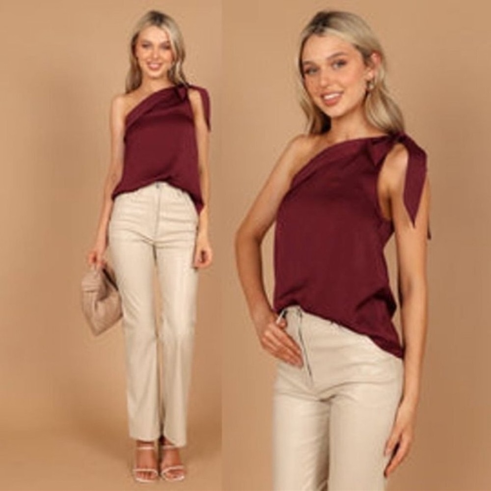 Petal & Pup Maryanne Burgundy Satin One Shoulder Bow Detail Top Size S